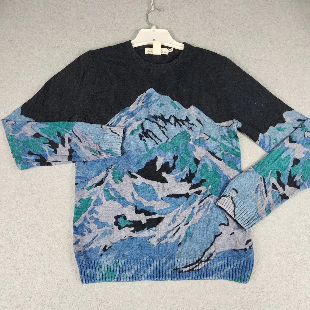 H&M L.O.G.G. Sweater Men's Small Blue Black Mountain Graphic Tight Knit Pullover